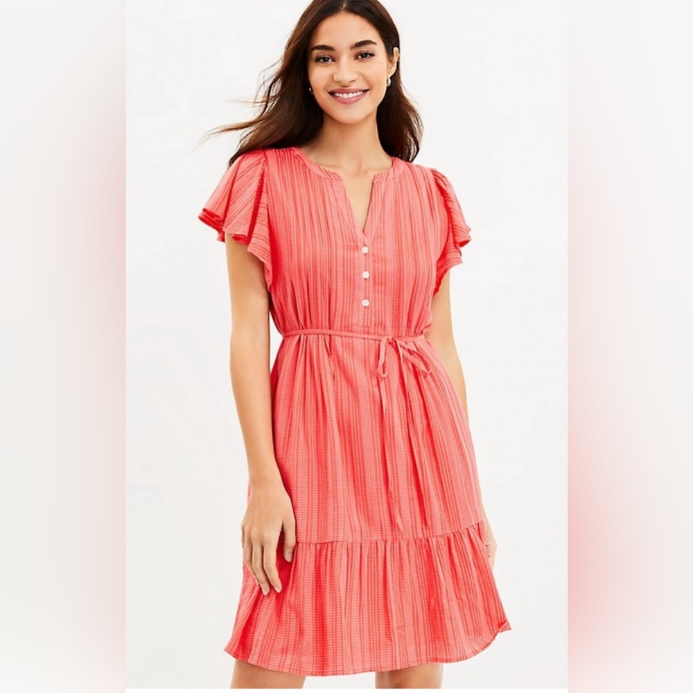 LOFT Coral Textured Stripe Flutter Button Swing Waist Tie Dress | XS